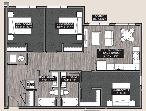 Floor plan for 3 beds, 2 baths, 1100 sqft